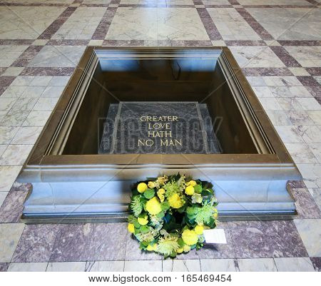 MELBOURNE, AUSTRALIA - JANUARY 28, 2016: The marble Stone of Remembrance, upon which is engraved the words 