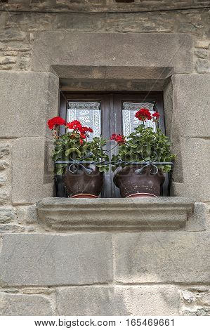 Spain Catalonia . Rupit - mountain village built on top of the basalt rocks; details of facades of the fourteenth to sixteenth centuries.
