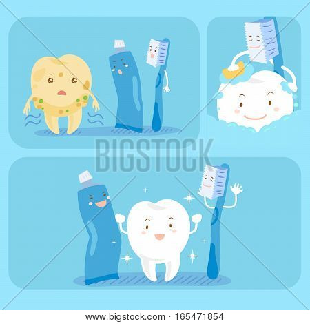 cute cartoon tooth with toothbrush and toothpaste