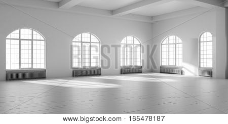 White empty loft interior. 3D render illustration
