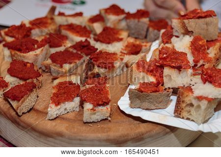 Slices Of Bread With Tomato Sauce, Italian Snack