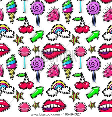 Retro modern fashion background with crystal and lips, rainbow and ice cream. Fashioned print seamless pattern. Patch embroidered vintage, vector illustration