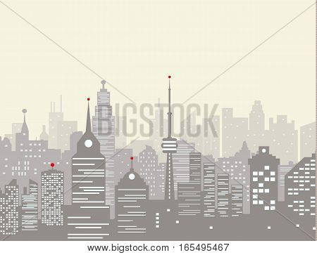 Foggy city skyline silhouette. skyscappers, towers, office and residental buildings. vector illustration