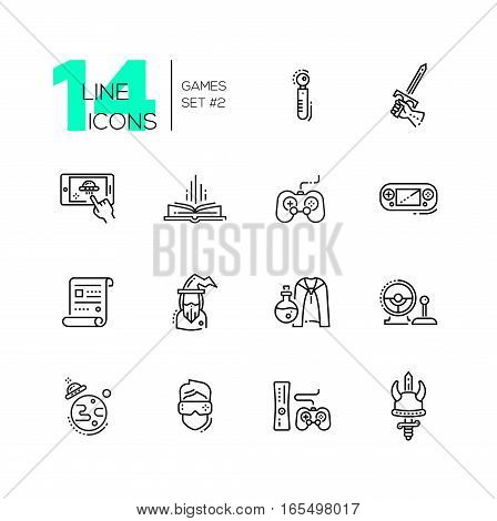 Video - modern vector line design icons set. Joystick, sword, mobile device app, book, portable, game console, paper, wizard, magic accessories camera ufo virtual reality