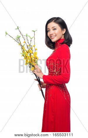 Portrait Of A Beautiful Asian Woman On Traditional Festival Costume Ao Dai Holding Hoa Mai Tree (och