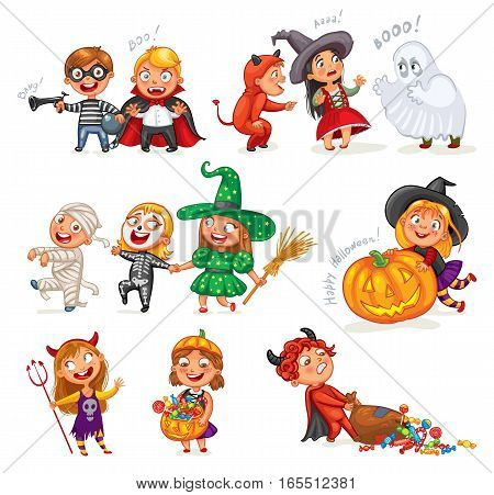 Happy Halloween. Funny little children in colorful costumes. Robber, ghost, mummy, skeleton, witch, vampire, devil. Cartoon character. Vector illustration. Isolated on white background