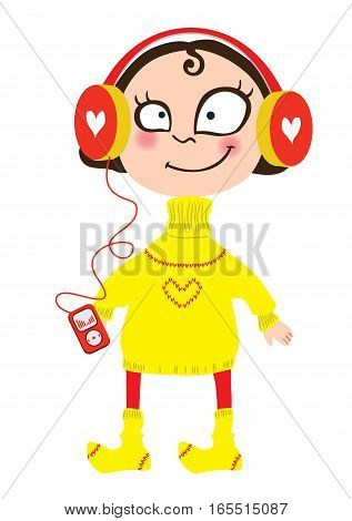 Cartoon girl in a yellow sweater and wool socks. In the headphones with the player