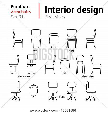 Architectural thin line icons set. Furniture. Seats, chairs, armchairs. Interior elements. Plan, front, lateral views. Office facility. Standard size. Vector