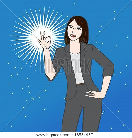 Vector illustration with beautiful asian woman showing ok sign in pop art style