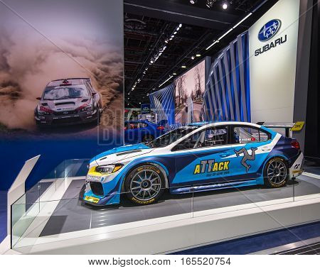 DETROIT MI/USA - JANUARY 9 2017: The 2016 Subaru WRX STI Time Attack race car at the North American International Auto Show (NAIAS). Driver: Mark Higgins Builder: Prodrive Track Record: Isle of Man Snaefell Mountain Course