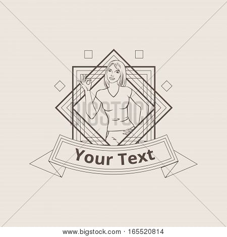 Vector illustration with beautiful asian woman showing ok sign badge or logo template
