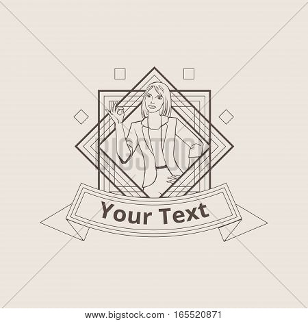 Vector illustration with beautiful asian woman showing ok sign badge or logo template