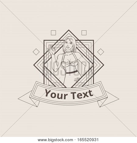 Vector illustration with beautiful asian woman showing ok sign badge or logo template