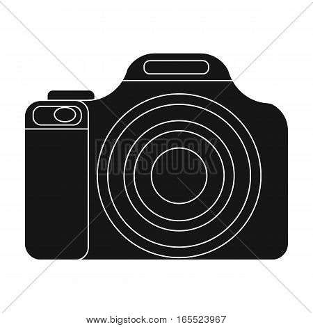 Digital camera icon in black design isolated on white background. Rest and travel symbol stock vector illustration.