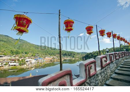 Ban Ruk Thai village chinese style riverside view in front of the mountain Mae Hong Son Thailand