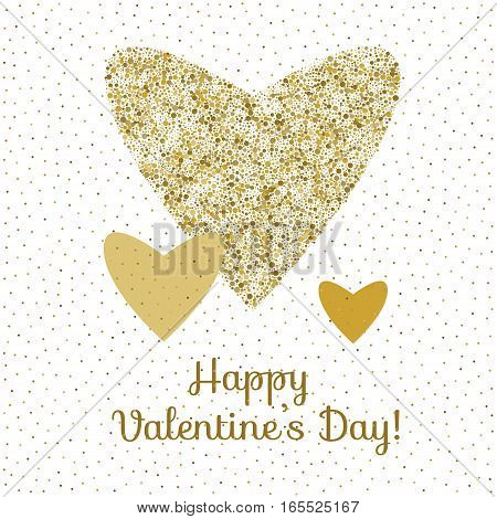 Three vector hearts in gold colors on white background. Happy valentines day card template
