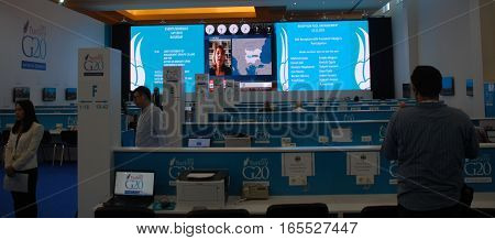 ANTALYA/TURKEY-NOVEMBER 14: G20 Antalya Summit accredited press members at International Media Center (IMC) in Kaya Palazzo Hotel, November 14, 2015 in Antalya, Turkey