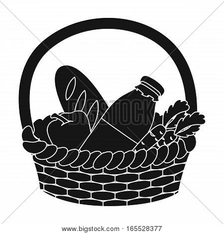 Basket with products icon in black design isolated on white background. Charity and donation symbol stock vector illustration.