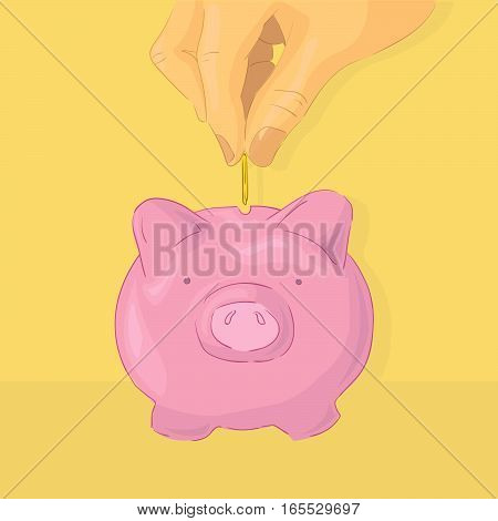 vector illustration of a piggy bank, save money, a man puts money in piggy bank