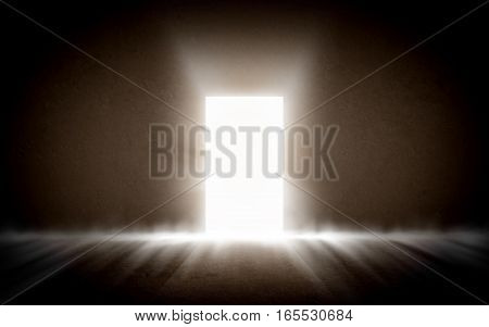 Glowing exit from dark room. Abstract room with open door. Background template mock up