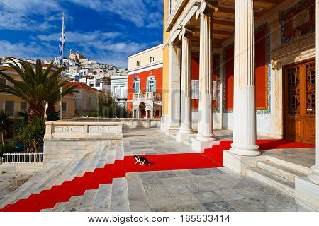 ERMOUPOLI, GREECE - JANUARY 09, 2017: Entrance to the main church of Ermoupoli town on Syros island on January 09, 2017.