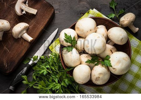 Mushrooms and ingredients for cooking. Top view food background.