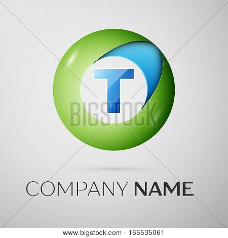 Letter T vector logo symbol in the colorful circle on grey background. Vector template for your design