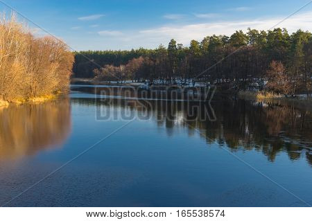 Morning landscape on a Vorskla river at late autumnal season in Ukraine