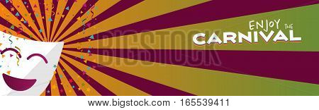Banner enjoy Carnival mask with confetti and stars on stripes background