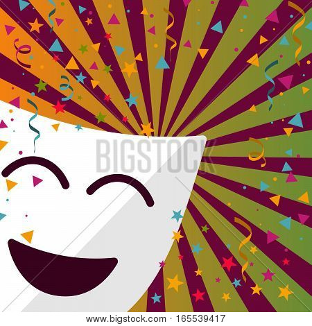 Carnival mask with confetti stars and streamers on stripes background