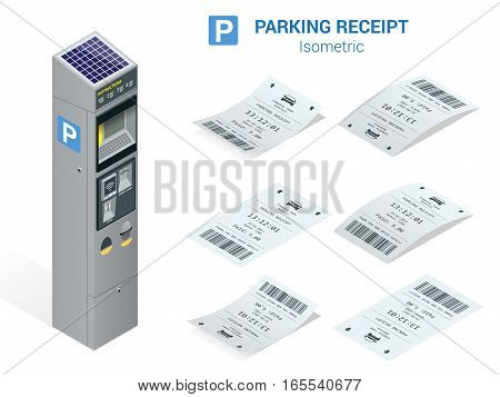 Isometric set of Parking tickets and carking meter. Flat illustration icon for web.