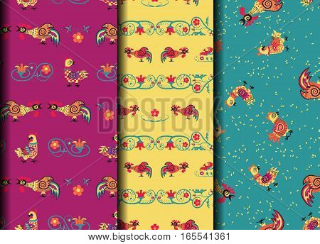 Set retro seamles pattern with rooster and flower. Endless texture can be used for printing onto fabric. Easter chicken. Vector illustration bird. eps