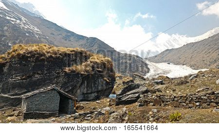 The hut on MBC (Machapuchare base camp) along the way to Annapurna base camp Nepal
