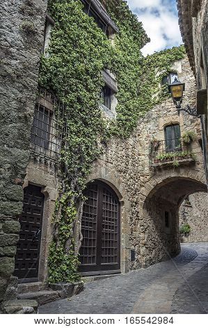 Spain Catalonia Girona Pals .The first mention Pals refer to the 9th century. Very beautiful medieval town . Stone streets buildings cozy little town Square an observation deck .