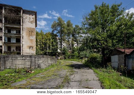 Abandoned mining ghost-town Polyana, Abkhazia. Destroyed empty houses, remnant of The Georgian-Abkhazian war