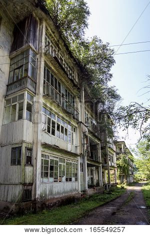 Abandoned house destroyed by war. Mining ghost-town Polyana, Abkhazia. Remnant of The Georgian-Abkhazian war
