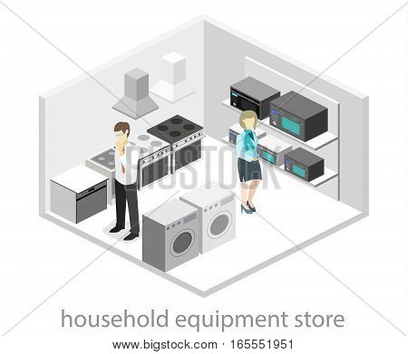 Isometric Flat 3D Concept Vector Cutaway Interior Household Equipment Store