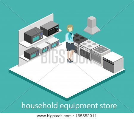Isometric Flat 3D Concept Vector Cutaway Interior Household Equipment Store