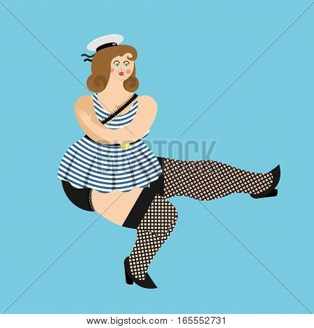 Beautiful Girl In Sailor Uniform Dance Whit Cap Sailors. February 23. National Army Holiday In Russi