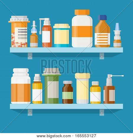 Modern interior pharmacy or drugstore. Medicine pills capsules bottles vitamins and tablets. vector illustration in flat style.