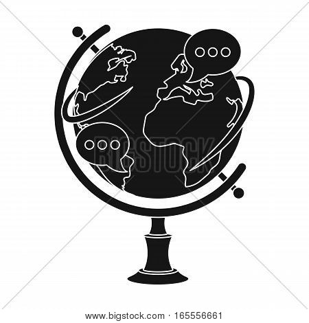 Globe of various languages icon in black design isolated on white background. Interpreter and translator symbol stock vector illustration.