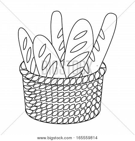 Basket of baguette icon in outline design isolated on white background. France country symbol stock vector illustration.
