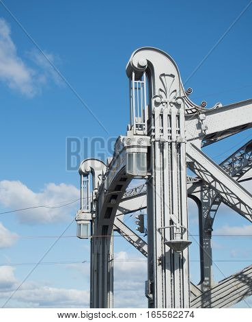 Architectural details of the bridge over the river Neva