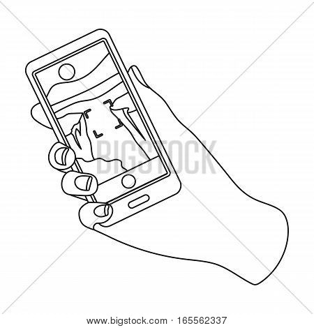 Taking photo on smart phone icon in outline design isolated on white background. Hipster style symbol stock vector illustration.