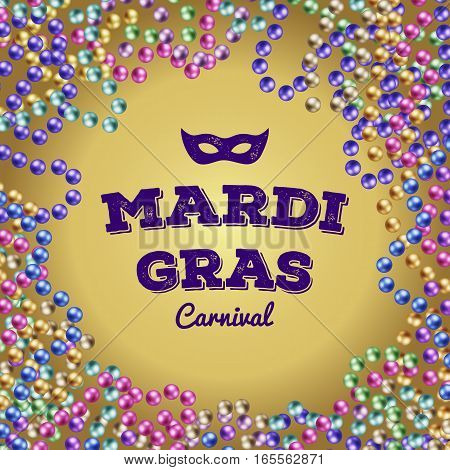 Mardi Gras colorful beads. vector illustration on gold background carnival mask
