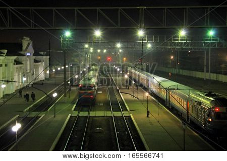 Railway station in Kremenchug Ukraine at night