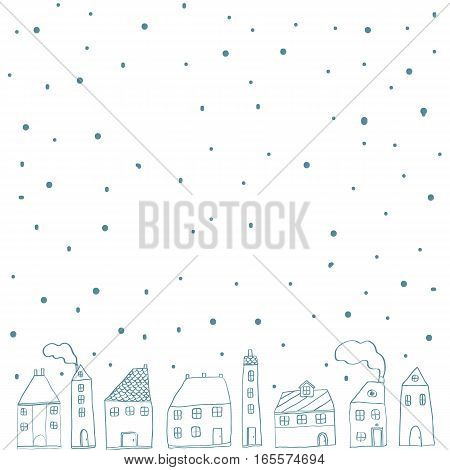 Cartoon sketch of small houses. Winter background. Vector