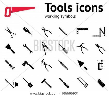 Tools icons set. Glue, pliers, tongs, wrench key, hammer, rubber gloves, spattle, brush, scissors, chisel, clamp, saw, pinchbar, surfacer, spade, angle. Repair fix symbols. Vector