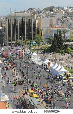 ATHENS GREECE - MAY 03: Half Marathon in Athens on MAY 03 2015. Aerial View of Finish Line Near Hellenic Parliament in Athens Greece.