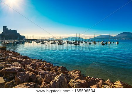 Lerici colorful village. Harbor sea bay boats fortress and houses. Five lands Cinque Terre Ligury Italy Europe.